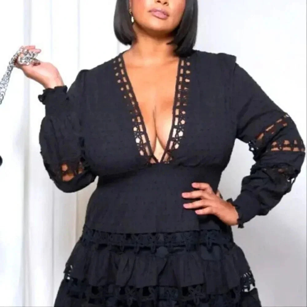 NWT Posh Shoppe Lace Mini Dress Women Size 3x Black Long Sleeve Deep V-Neck